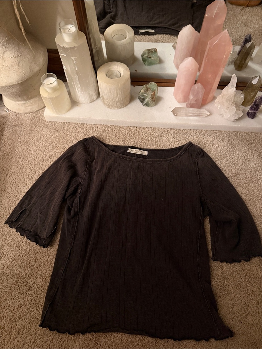 Free People Black Ribbed Scoop Neck Short Sleeve Top